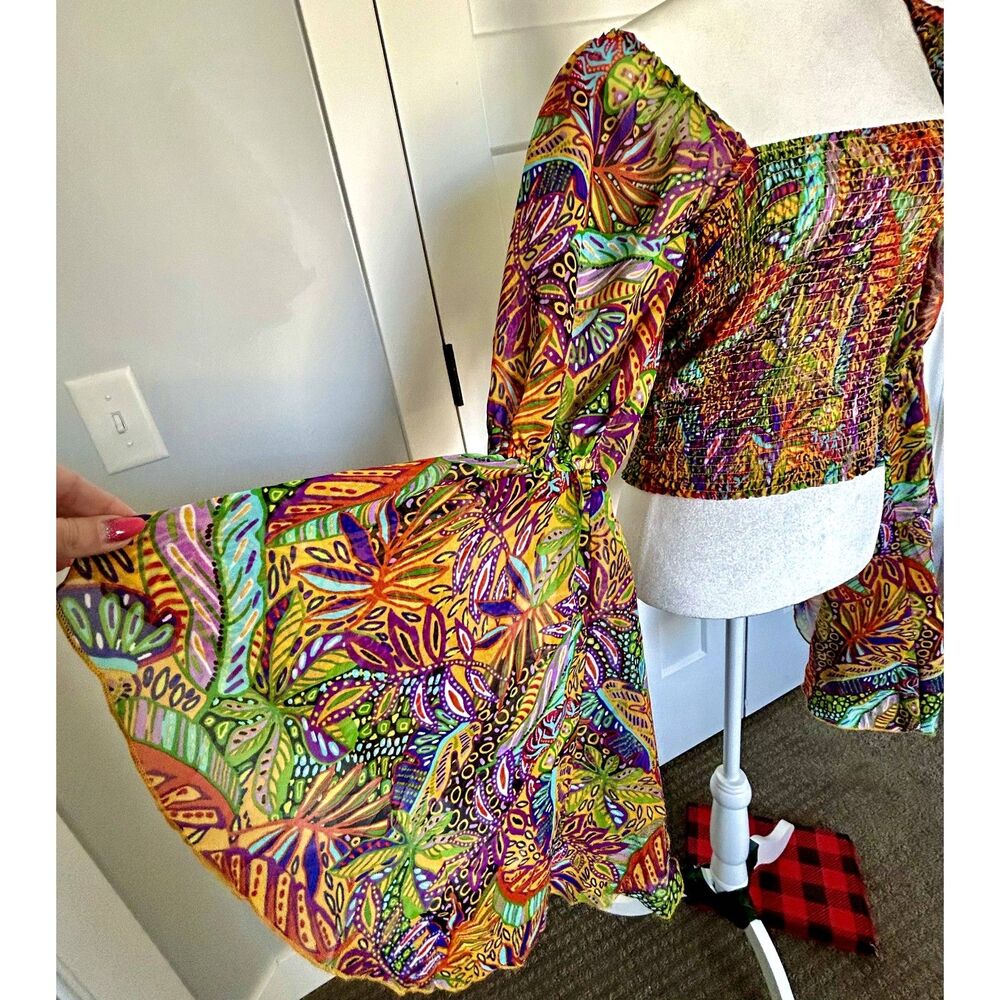 NWT Live 4 Truth Womens Multi Color Long Sleeve Flare Square Neck Crop Top M - Picture 5 of 7